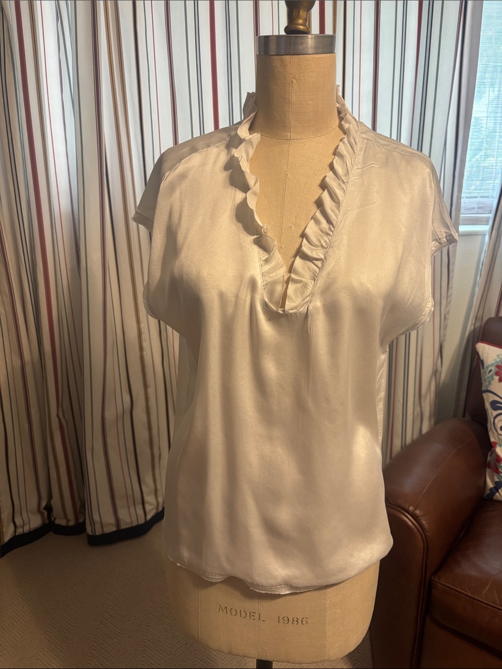 Satin Ruffle V-Neck Blouse — Cream